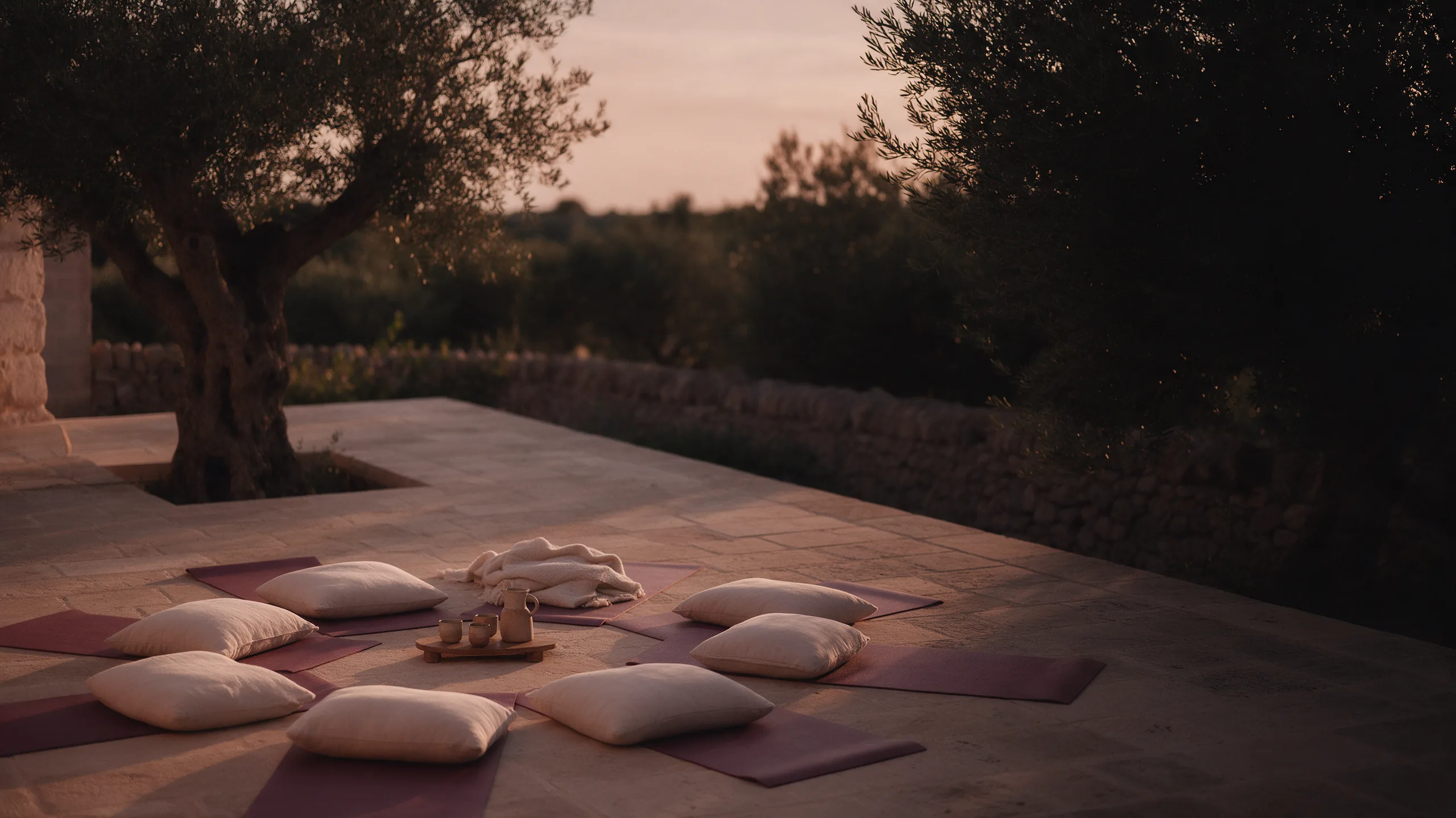 Terraço ao entardecer preparado com almofadas e tapetes de yoga em círculo sob uma oliveira