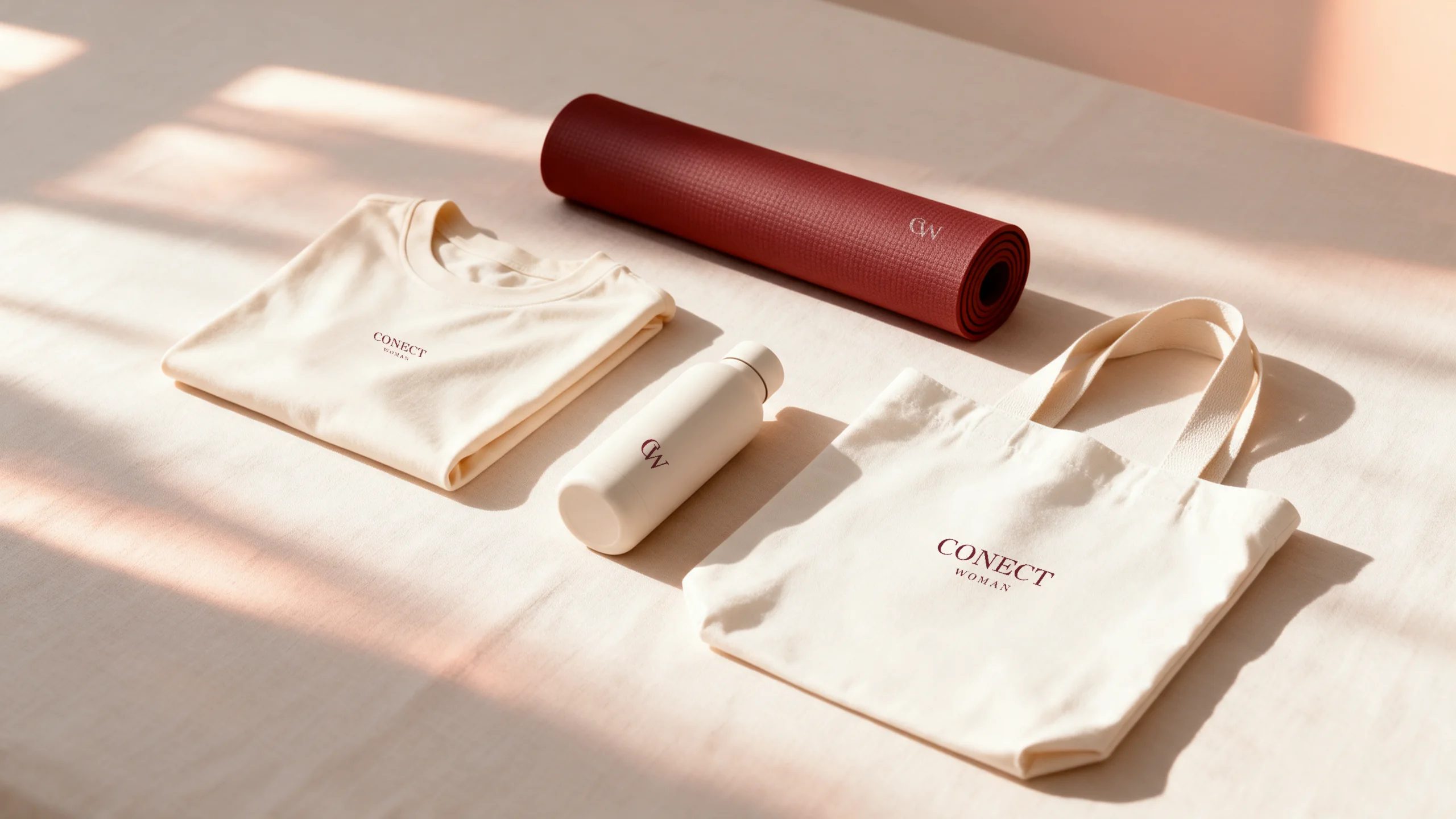 Kit CONECT Woman com camiseta, tapete de yoga, squeeze e sacola com o logo aplicado