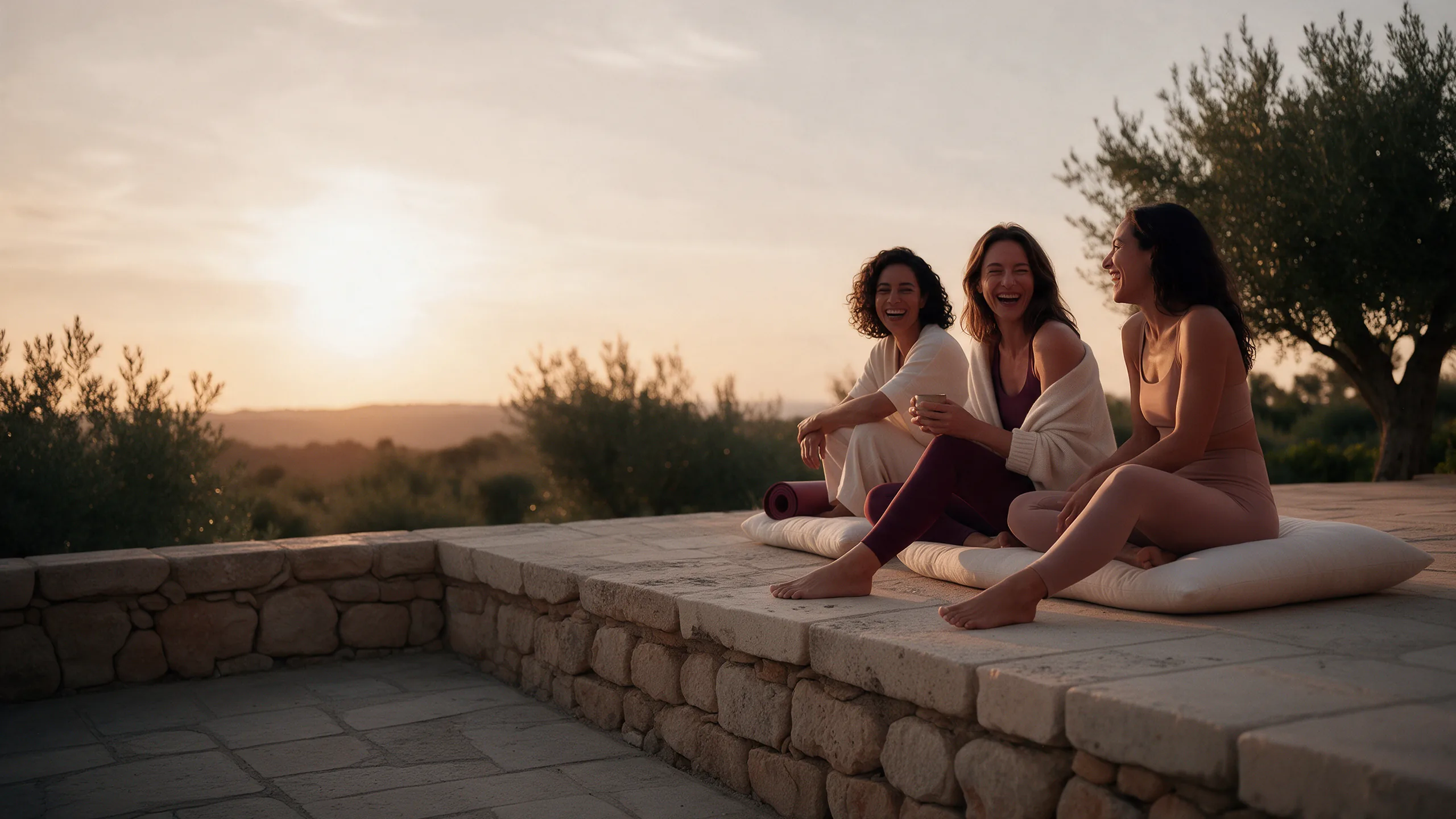 Três mulheres conversam e riem juntas em um terraço ao pôr do sol